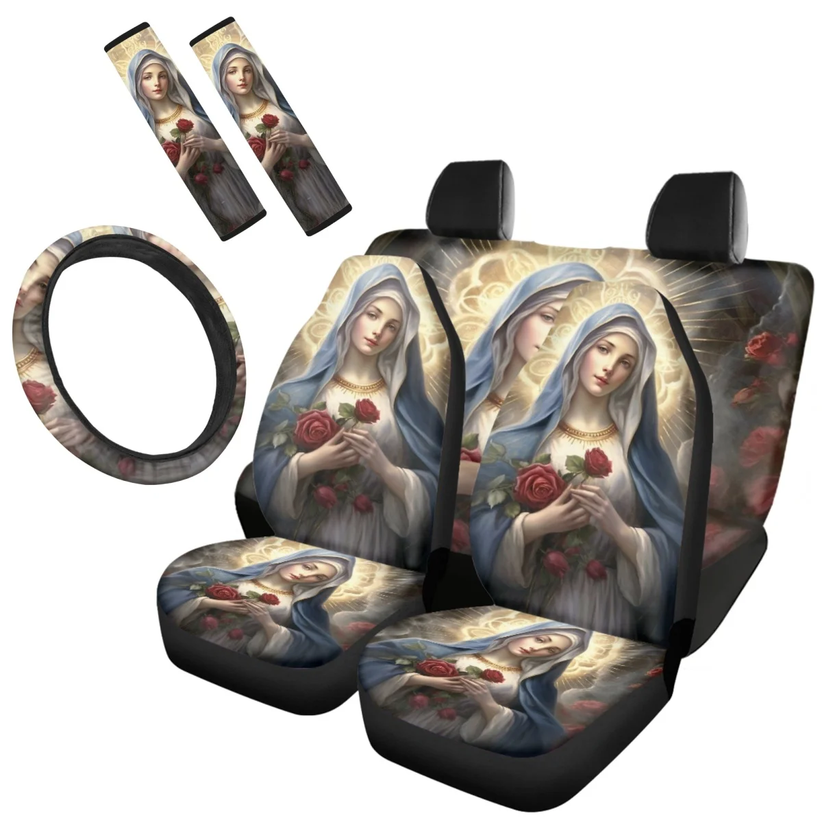 7Pcs Car Interior Seat Covers Virgin Mary Painting Comfortable Non-slip Steering Wheel Cover Easy to Intall Shoulder Strap Pads