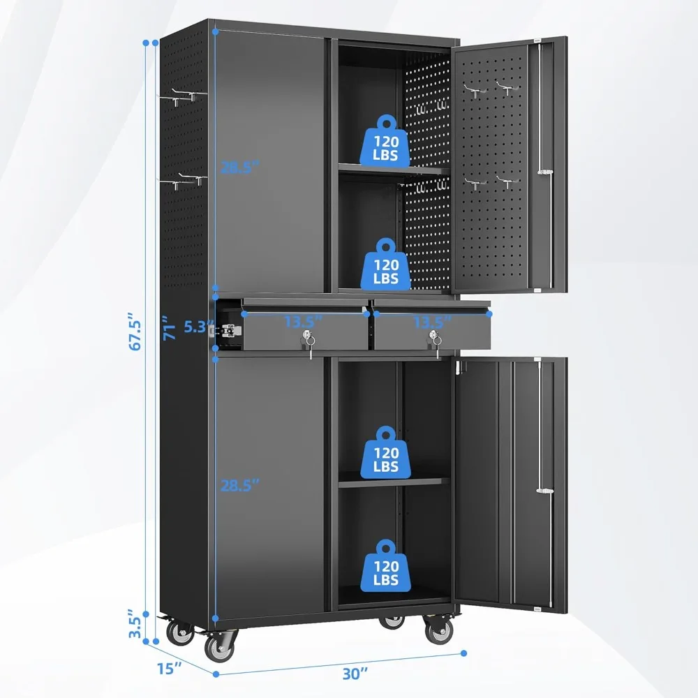 Estantes ajustables Gabinete de almacenamiento de garaje de metal con puertas cerraduras y gabinete de almacenamiento de herramientas rodante en 4 ruedas con 2 cajones