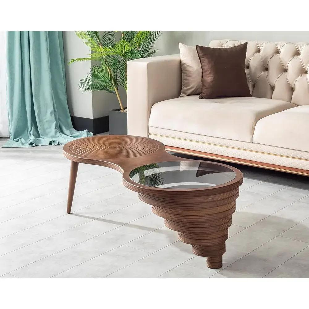 

Rustic Natural Walnut Veneer Coffee Table for Living Room, Center Table with Glass Top