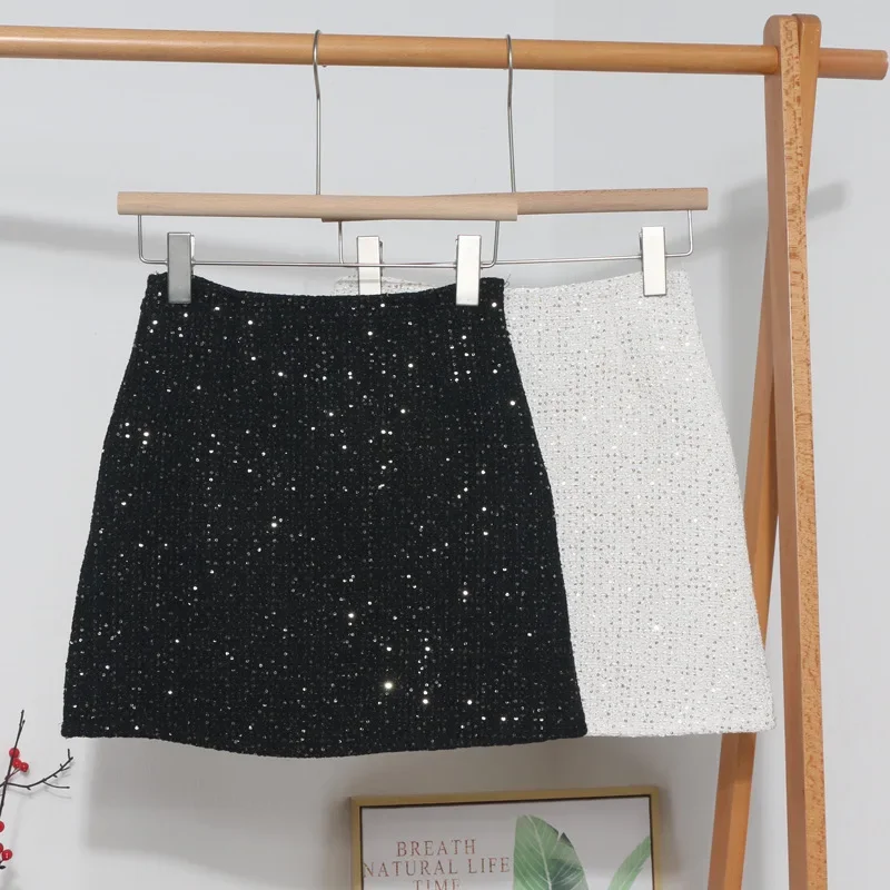 IMU Sequined Tweed Women's New Style High Waisted Slim Fit A-Line Wrap Hip Short Skirt With Anti Exposure Design Chic Skirt 8997