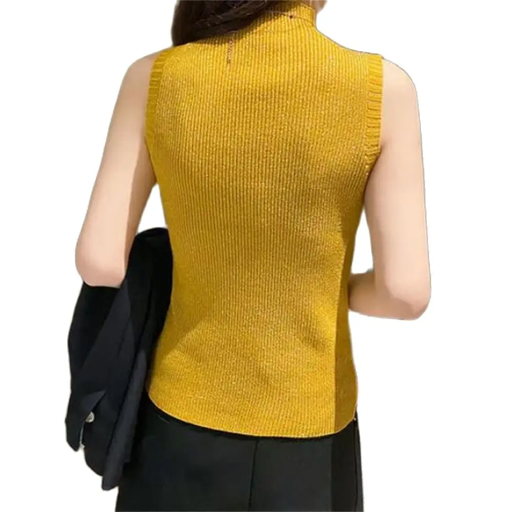 Spring Autumn Elegant Highneck Tank Top Women Sleeveless Sweaters Casual Basic Vest Solid Color Tee Stretch Female Knit Tops