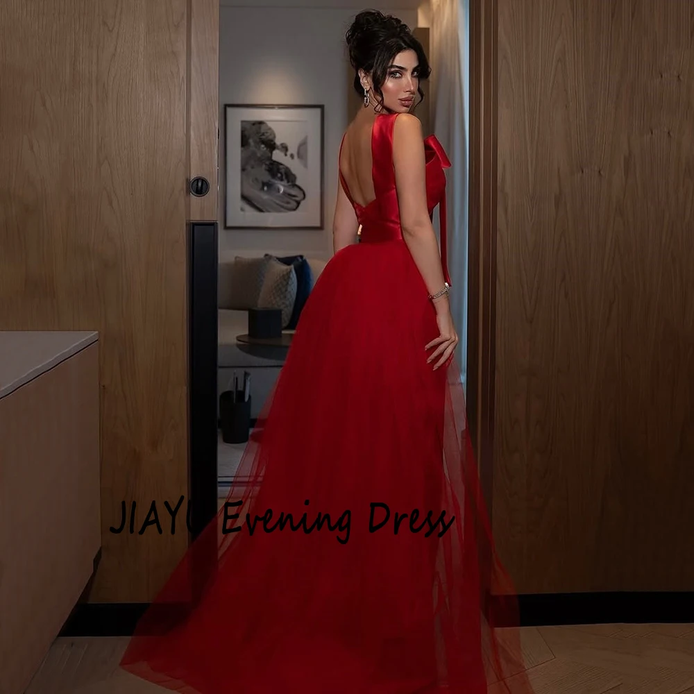 Customized Red Strapless Satin Mermaid Evening Dress Backless Tulle Watteau Train Party Dress With Bow Ankle Length Prom Gown