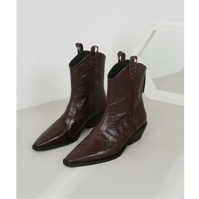 

Короткие ботинки из однотонной кожи с острым носком, женская обувь до щиколотки, Zapatos Mujer, модные Botas Femininas на толстом каблуке