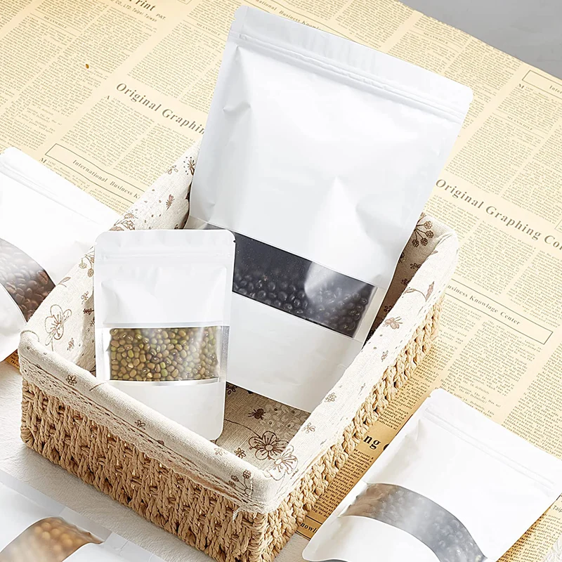 1000Pcs White Stand Up Smell-Proof Bag for Food-Storage Resealable Bag for Candy Products Heat Sealable Ziplock Bags With Window