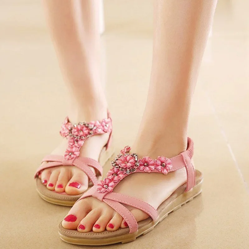 TIMETANGComfortable Flat Heel Sandals Women Large Size Summer Shoes Woman Bohemia Flowers Rhinestone Beach Ladies Shoes