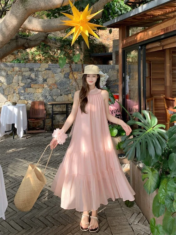 

Spring 2026 Women's Neckline Sleeveless Loose Long Dress Elegant Drapey Korean Style Comfortable Fit And Flare A-Line Silhouette