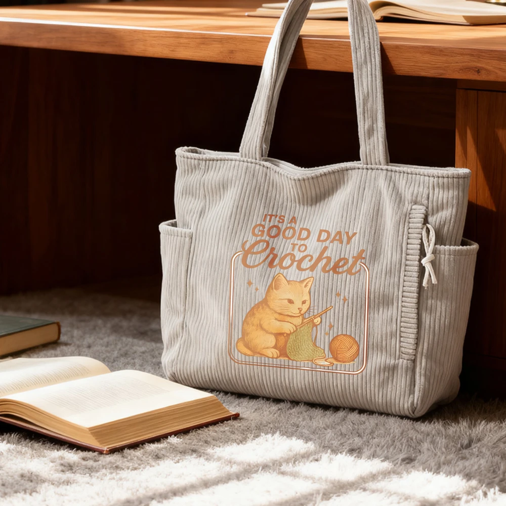 

Corduroy Project Yarn Storage Tote Bag Shoulder, Gift For Knitters Crocheter Mother's Day Christmas Birthday Travel Shopping