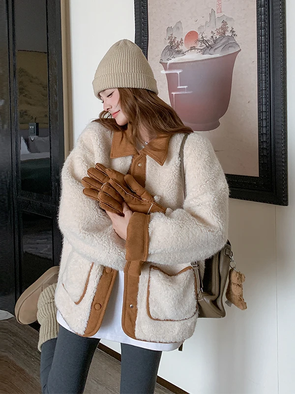 Damski płaszcz z futra jagnięcego, ocieplany, jesienno-zimowy, nowy, elegancki, do pracy, zintegrowany skórzano-futrzany, ciepły, puszysty płaszcz wierzchni.