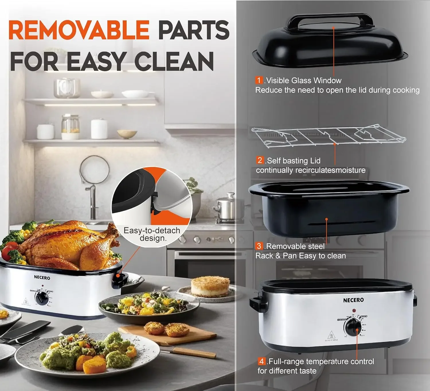 28Qt Electric Roaster with Visible Glass Lid, Electric Turkey Roaster Oven with Removable Pan & Rack150-450°F