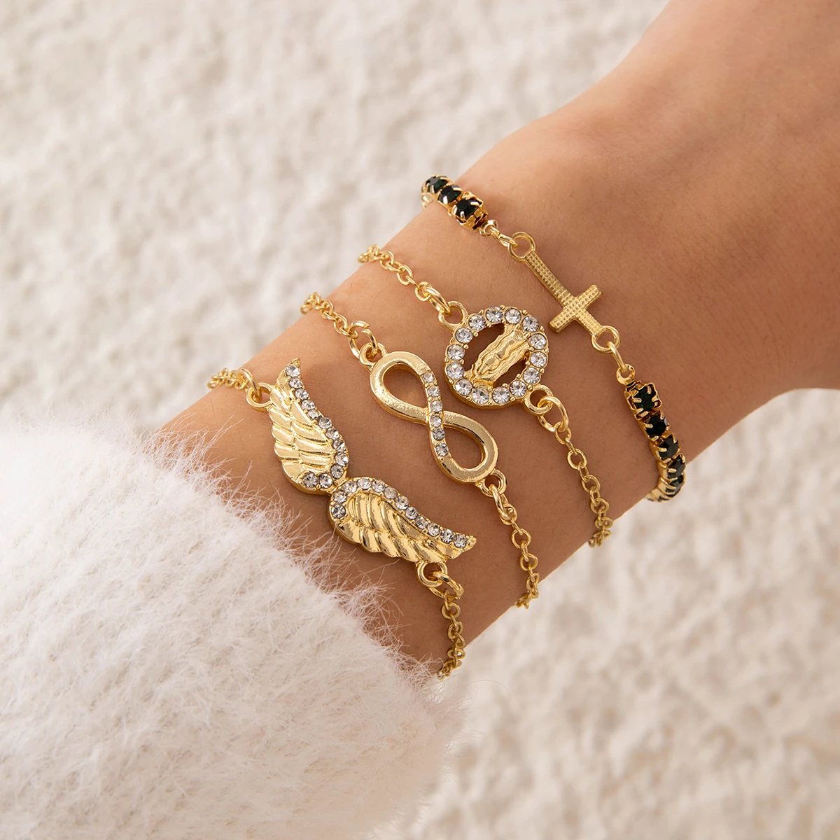 Tocona 5pcs/set Vintage Versatile Blue Rhinestone Bracelets for Women Faswhion Blue Eye Beaded Alloy Bangles Jewelry 25977