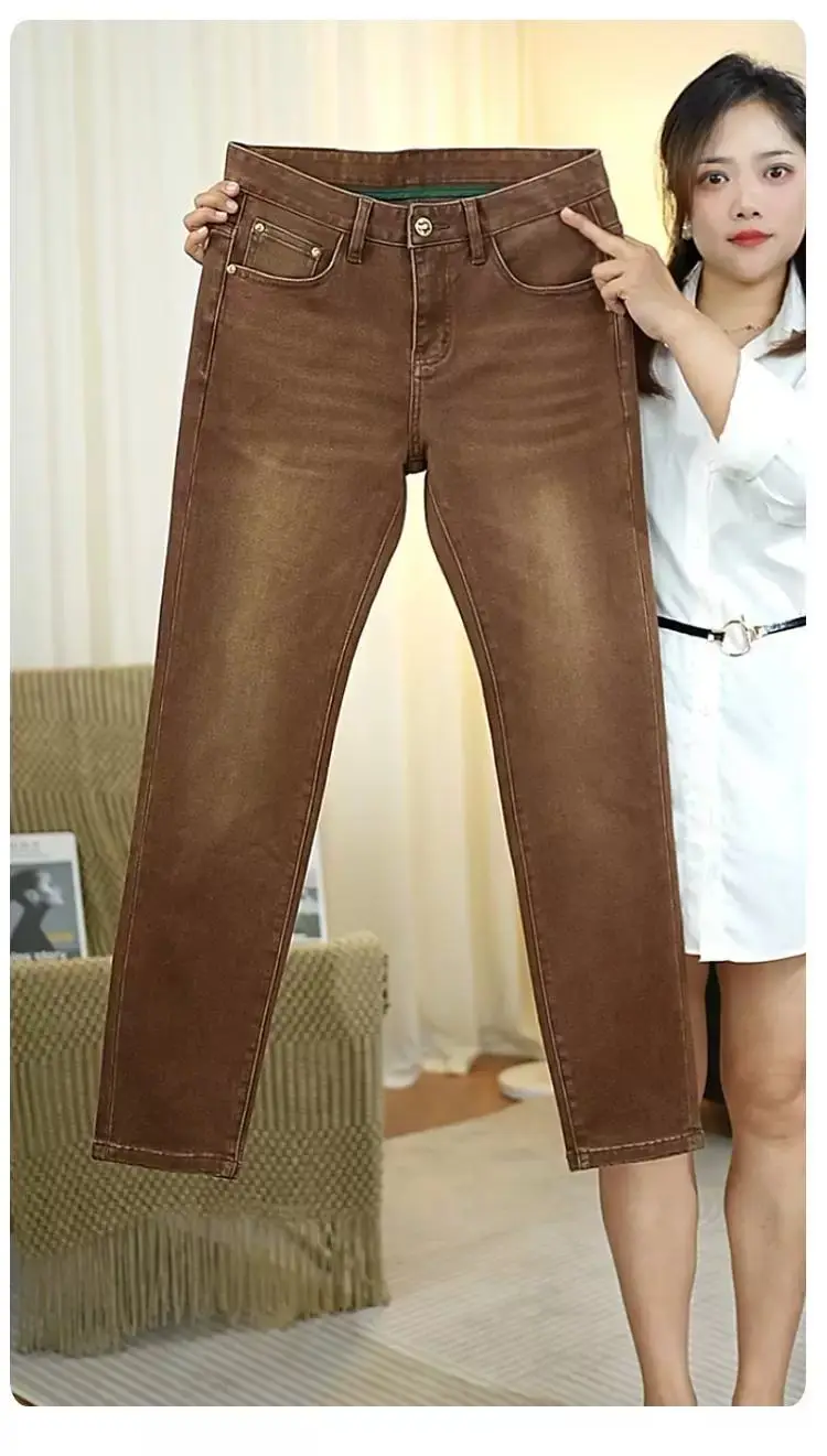 2026 New High-end High-quality Denim Brown Baggy Cotton Elastic Jeans Retro Nostalgic Men's Vintage Straight-fit Trousers