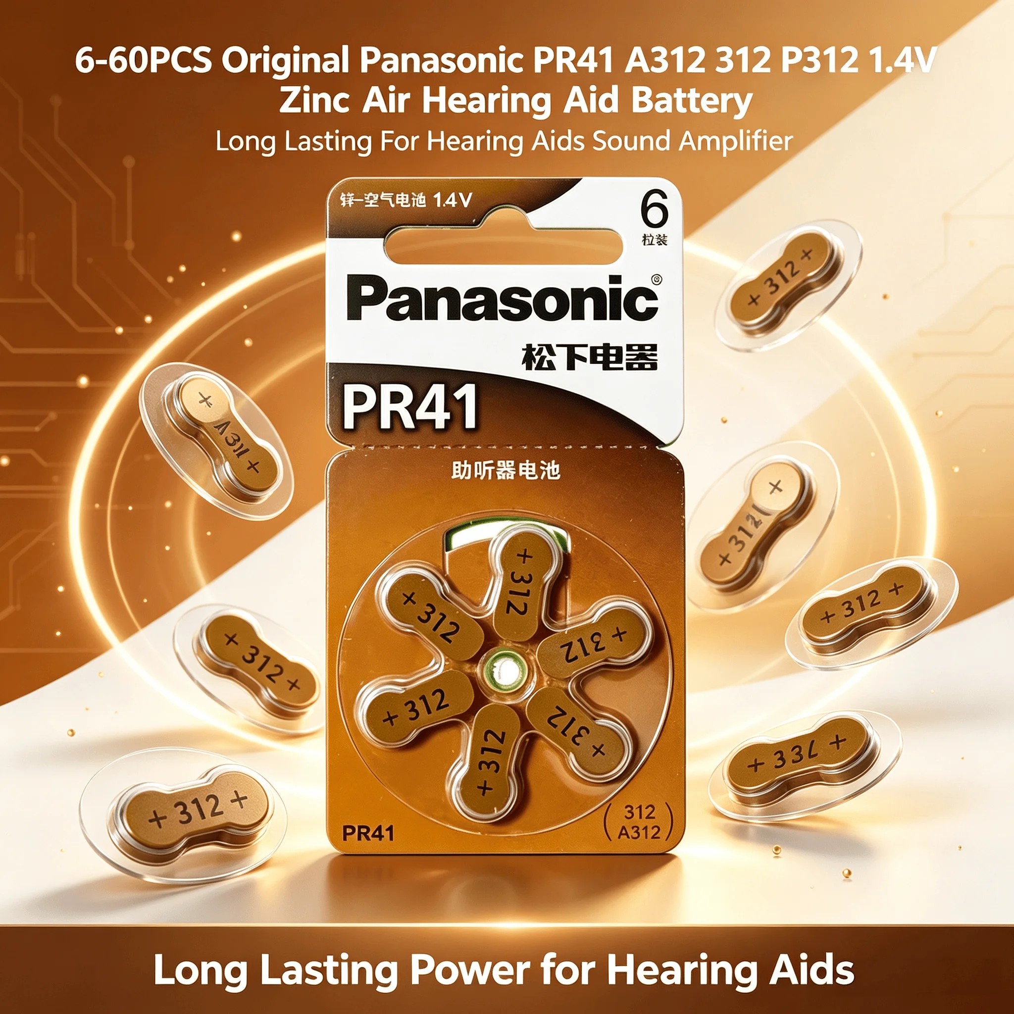 6-60PCS Original Panasonic PR41 A312 312 P312 1.4V Zinc Air Hearing Aid Battery, Long Lasting For Hearing Aids Sound Amplifier