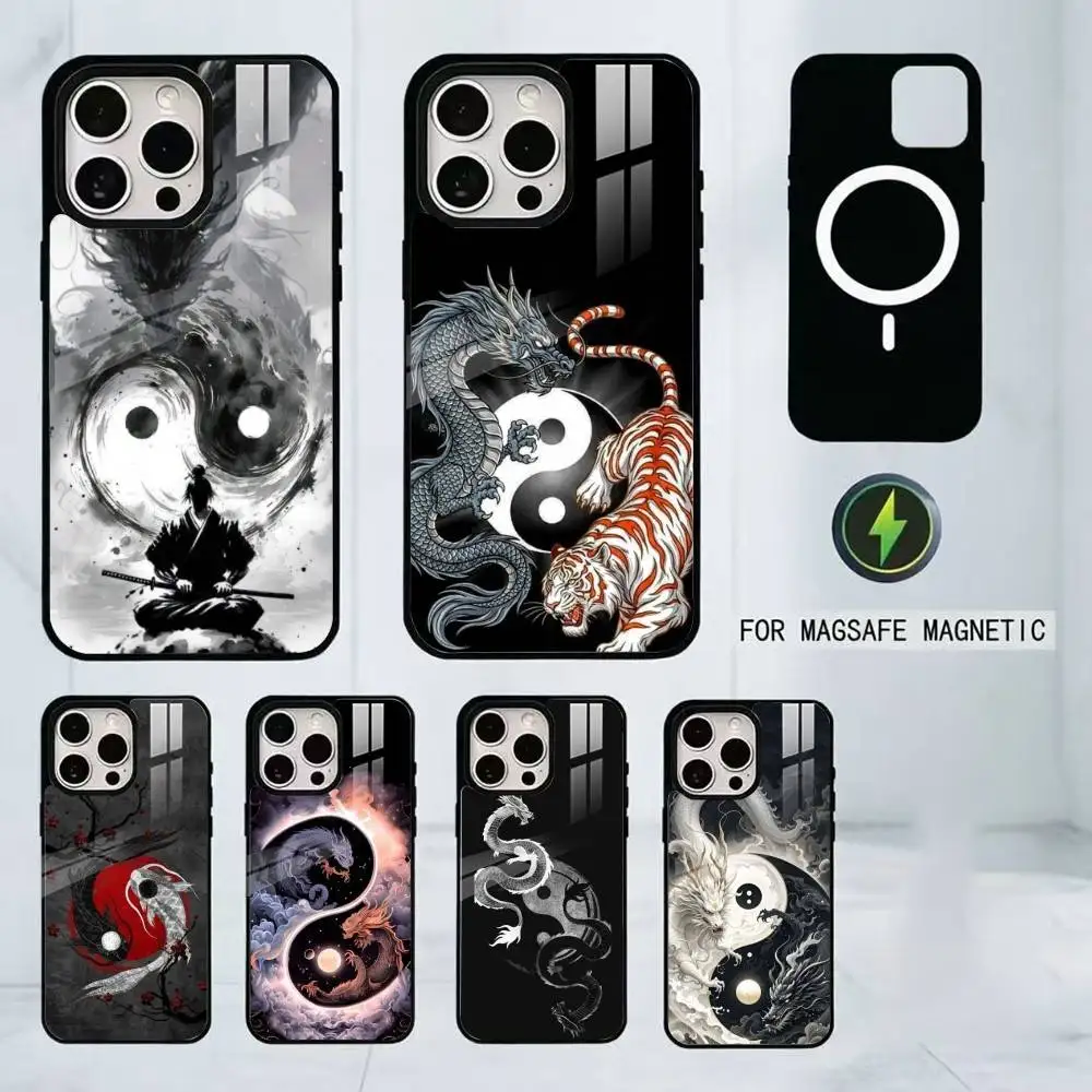 

Японский чехол для телефона с изображением дракона Инь-Ян для iPhone 17, 16, 15, 14, 13, 12, 11 Plus, Pro, магнитный, для беспроводной зарядки Magsafe
