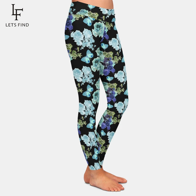 Leging Legging Wanita Pinggang Tinggi Celana Motif Bunga dan Kupu-kupu Legging Kebugaran Ramping Hitam Baru