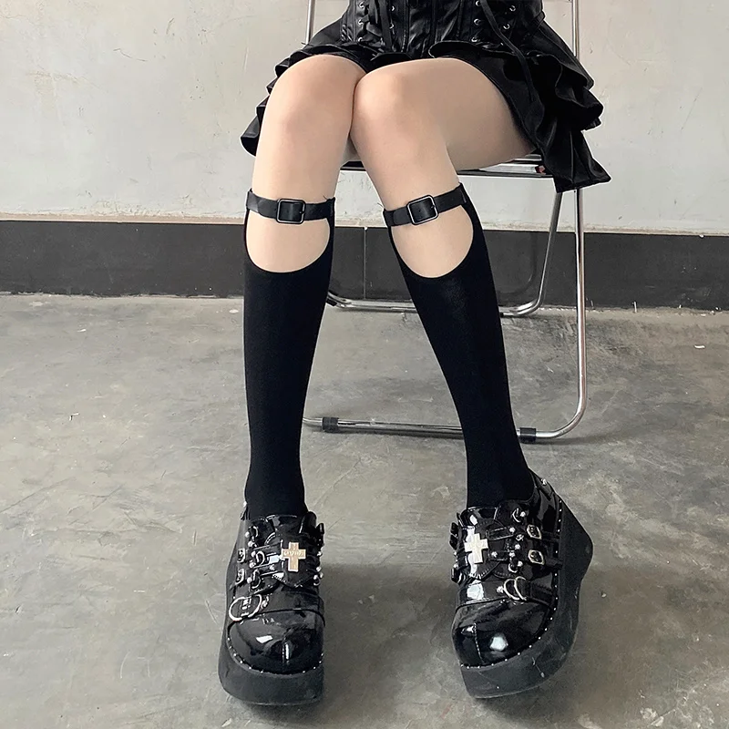 Y Demo Techwear Women Stretchy Thin Middle Tube Socks With Leather Buckles