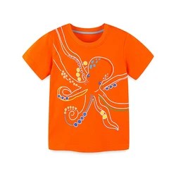 One Piece Summer Boys T-Shirt Casual Knit Cotton Cartoon Octopus Pattern Crew Neck 2-7 Y···