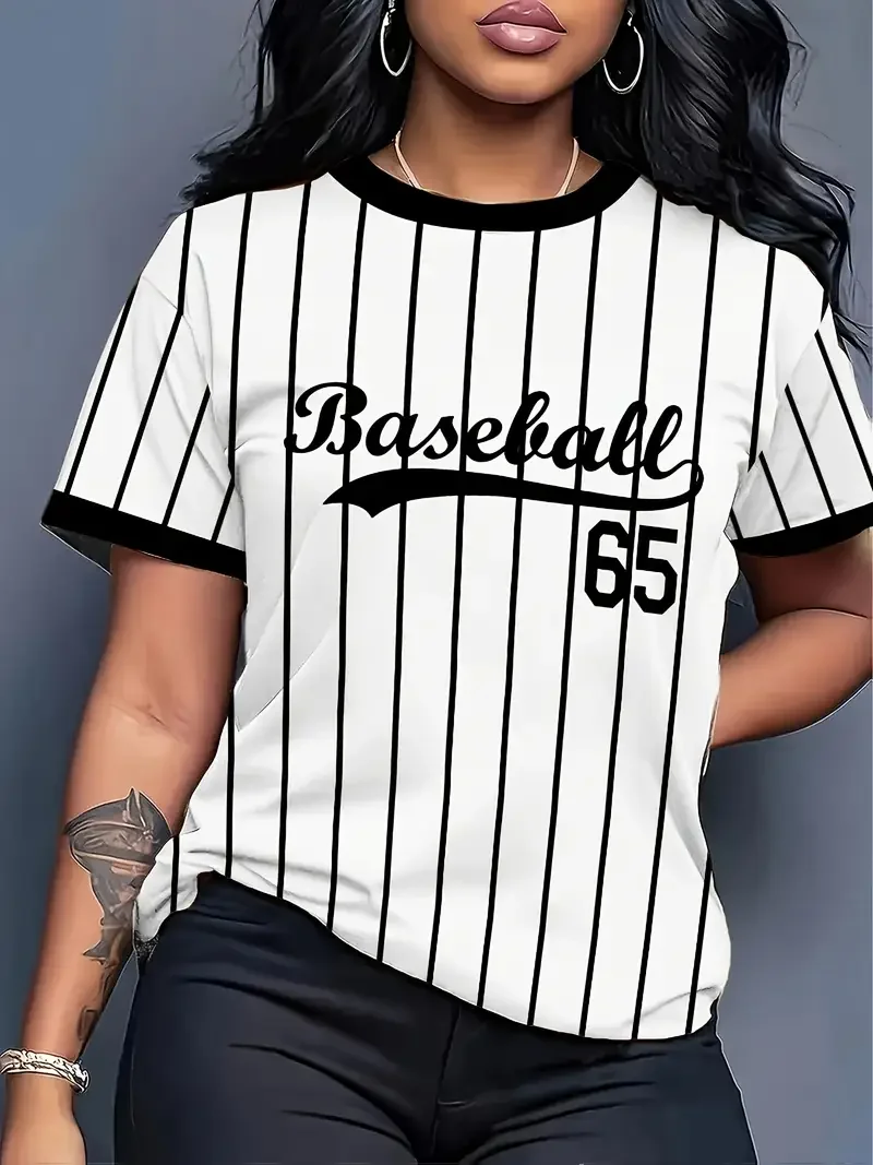 

Summer Women's Baseball Stripe Printed Fashion Short Sleeve T-Shirt Graphic Tee Jerseys Plus Size Women's Sport T-Shirt Tops