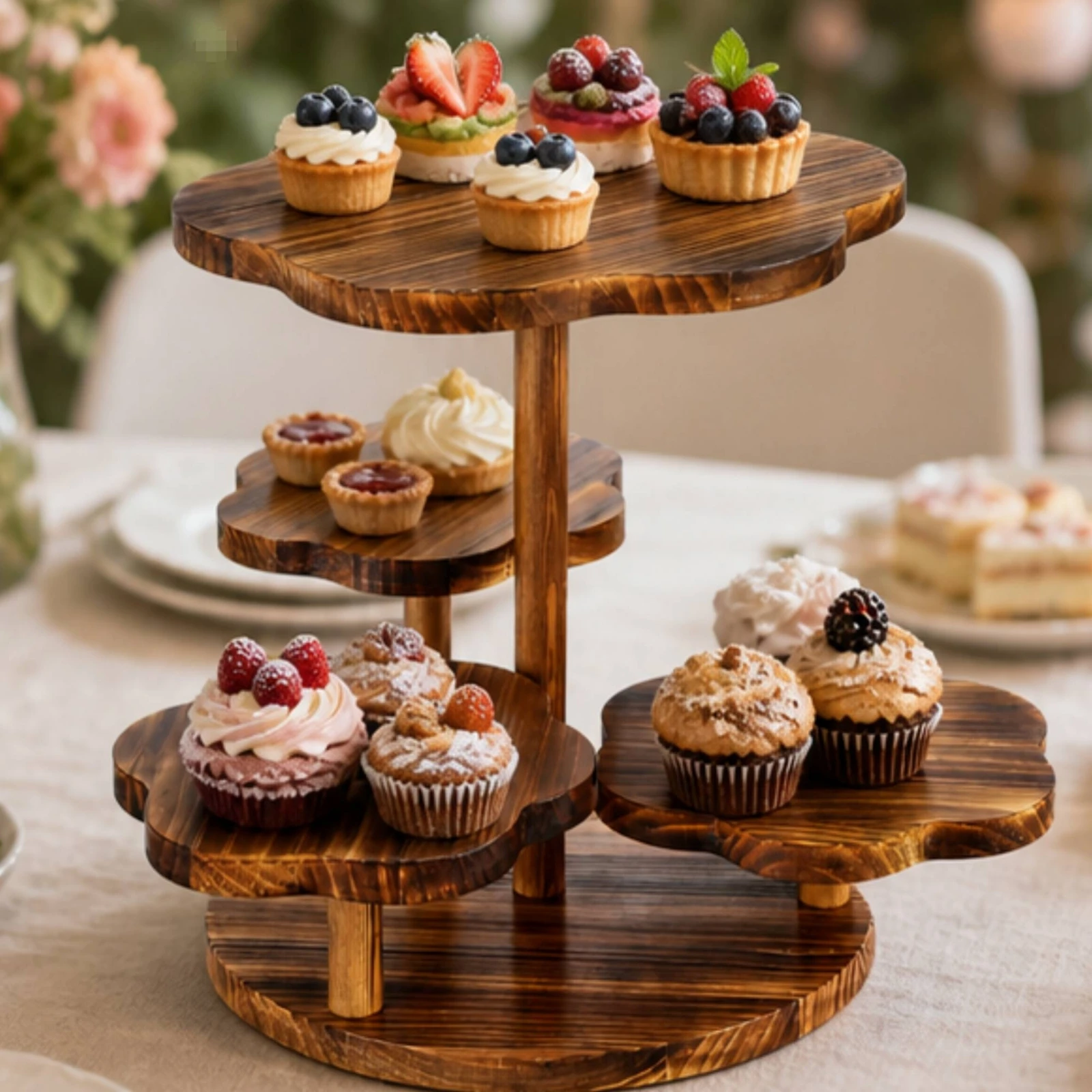 Wooden Dessert Display Stand Natural Wood Dessert Stand with Flower Platforms Rustic Sturdy for Party Hosts, Bakeries, Cafes