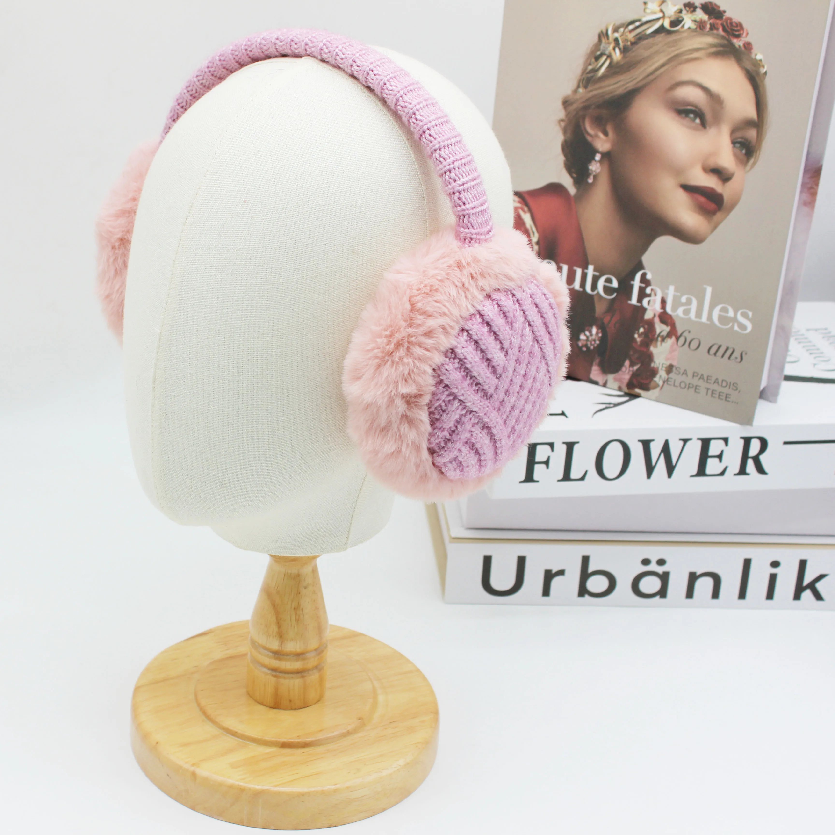 HATZZI Chevron knit Faux  Fur  mink earmuffs   two tone Diagonal Stripe ear cover, elegant orejeras de invierno for woman