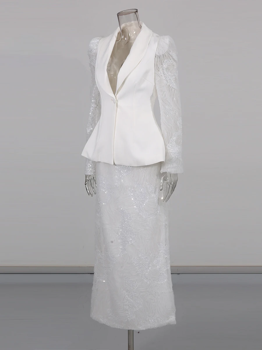 TWOTWINSTYL solide épissé paillettes deux pièces ensembles pour femmes revers manches longues tunique veste taille haute jupe élégant ensemble femme