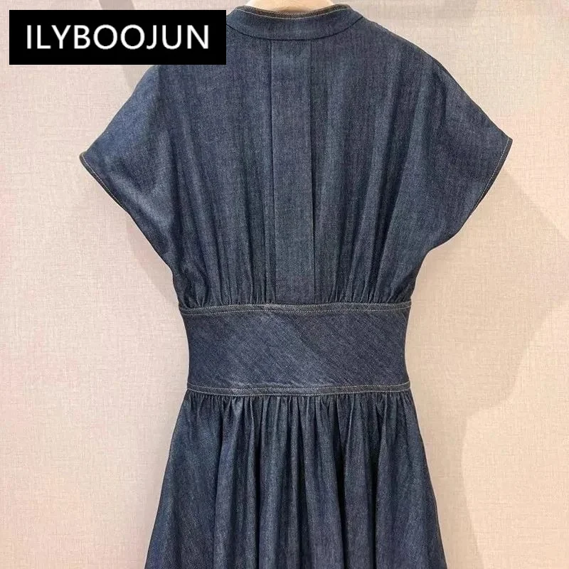 ILYBOOJUN Fashion Designer Spring Summer women\'s Cotton Short Sleeve Single-Breasted Folds Streetwear Dark Blue Denim Dresses