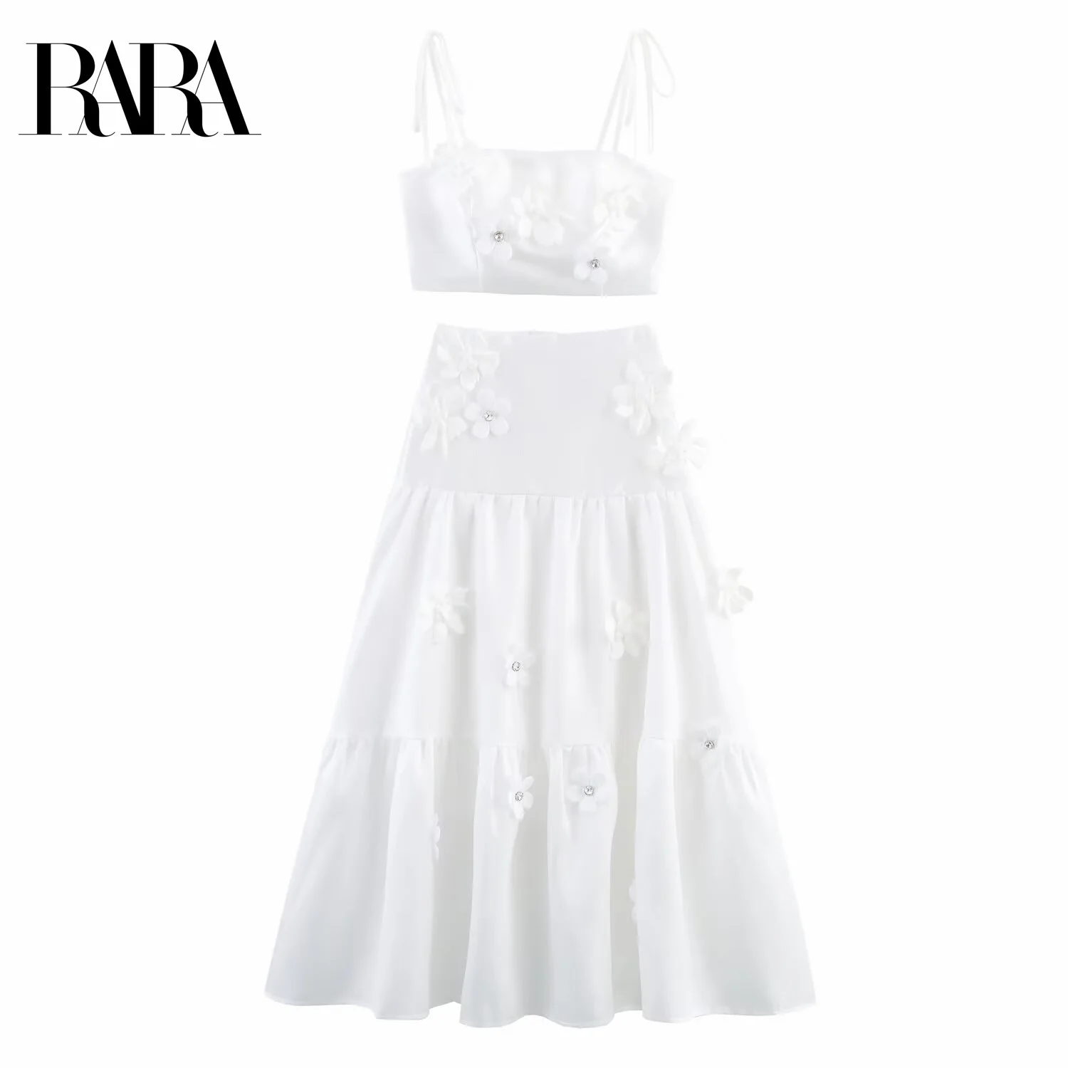 

RARA2025 new summer women's clothing holiday style three-dimensional flower decoration suspender top + wide hem long skirt