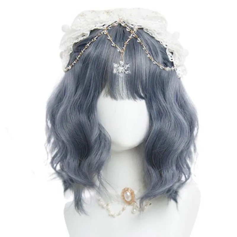 Girls Short Bob Synthetic Wigs  Women Blue Wavy Curly Wig with Bangs Lolita Cosplay Natural Fluffy Hair Wig for Daily Party