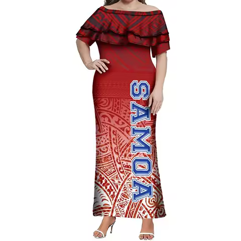 Customized Samoan Text Design Polynesian One-Shoulder Double-Layered Lotus Leaf Women'S Dress High-Quality Fitted Evening Dress