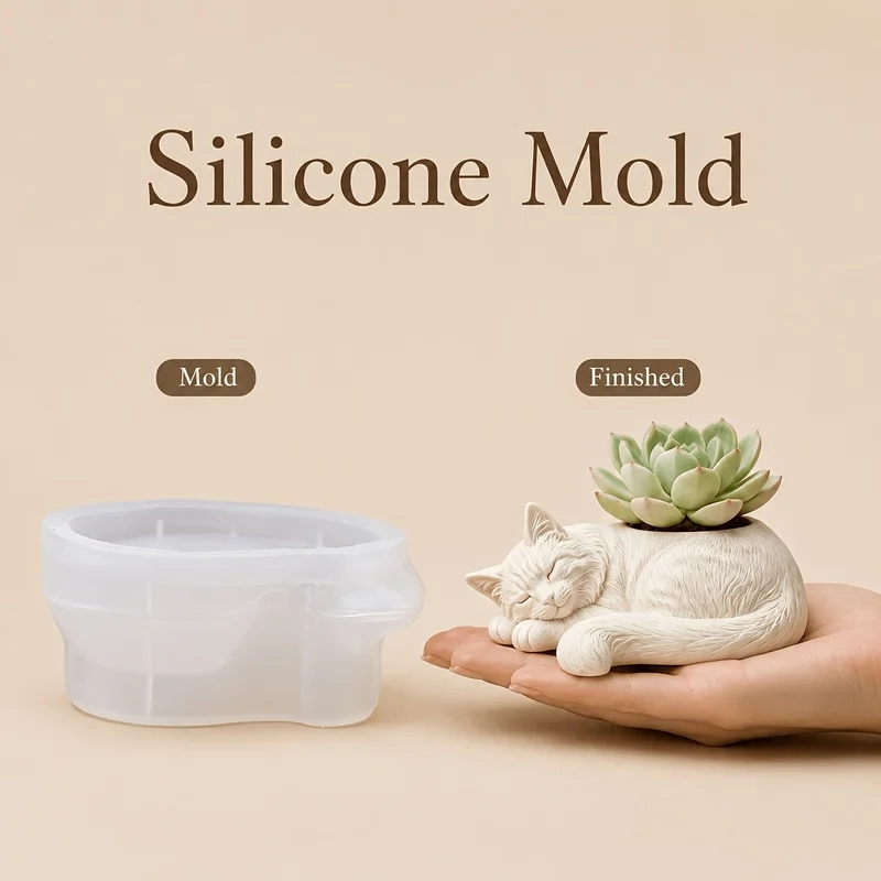 1Packaged silicone mold for sleeping cat poses，Cement succulent pot，Plaster storage/Resin decorative molds，High-fidelity renderi