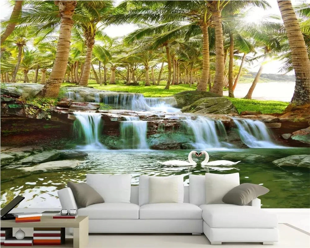 

Custom wallpaper 3D Hainan Island coconut tree forest water waterfall ultra HD landscape photo living room background wall paper