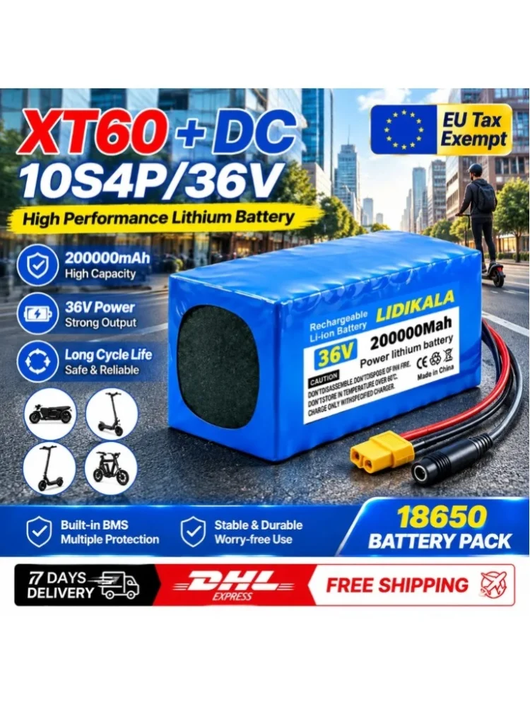 36V 200000mAh 10S4P Lithium-Ionen-Akku mit integriertem BMS, wiederaufladbarer Hochleistungs-Li-Ionen-Akku für Elektroroller, E-Bike, mehrere Anschlüsse