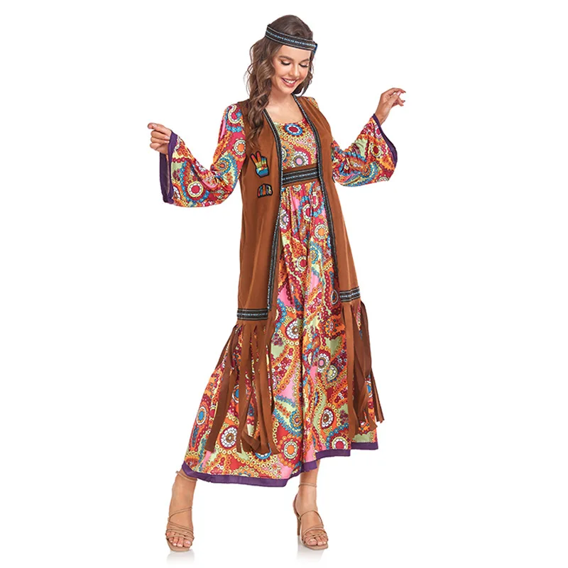 Halloween Boho Print Kleid Rollenspiel Kostüm 70er Jahre Disco Hippie Stamm Cosplay Bohemian Style Kostüm cos Hot Girl Kleid