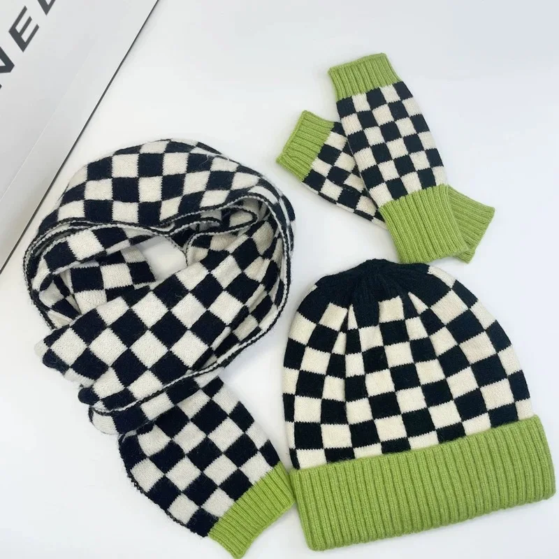 Jersey para mujer, sombrero coreano a cuadros, moda versátil, de alta calidad, Otoño Invierno, bufanda gruesa y cálida, guantes, sombreros de punto para niña