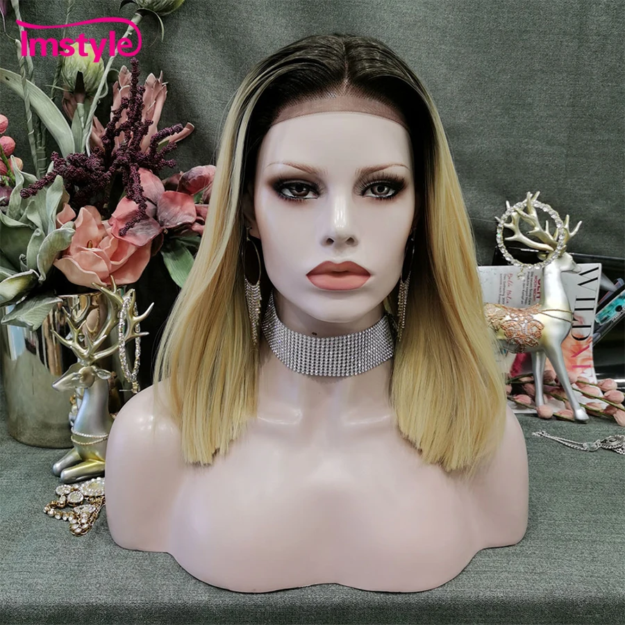 

Imstyle Blonde Wig Bob Short Synthetic Lace Front Wig T Part Lace Wig For Women Straight Hair Daily Use Heat Resistant Fiber