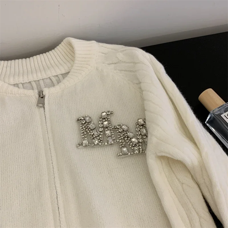 Women Diamond Letters Knitted Sweater Cardigan Zipper Long Sleeve High Street Knitwear Traf Tops Female Cashmere sweaters Jumper