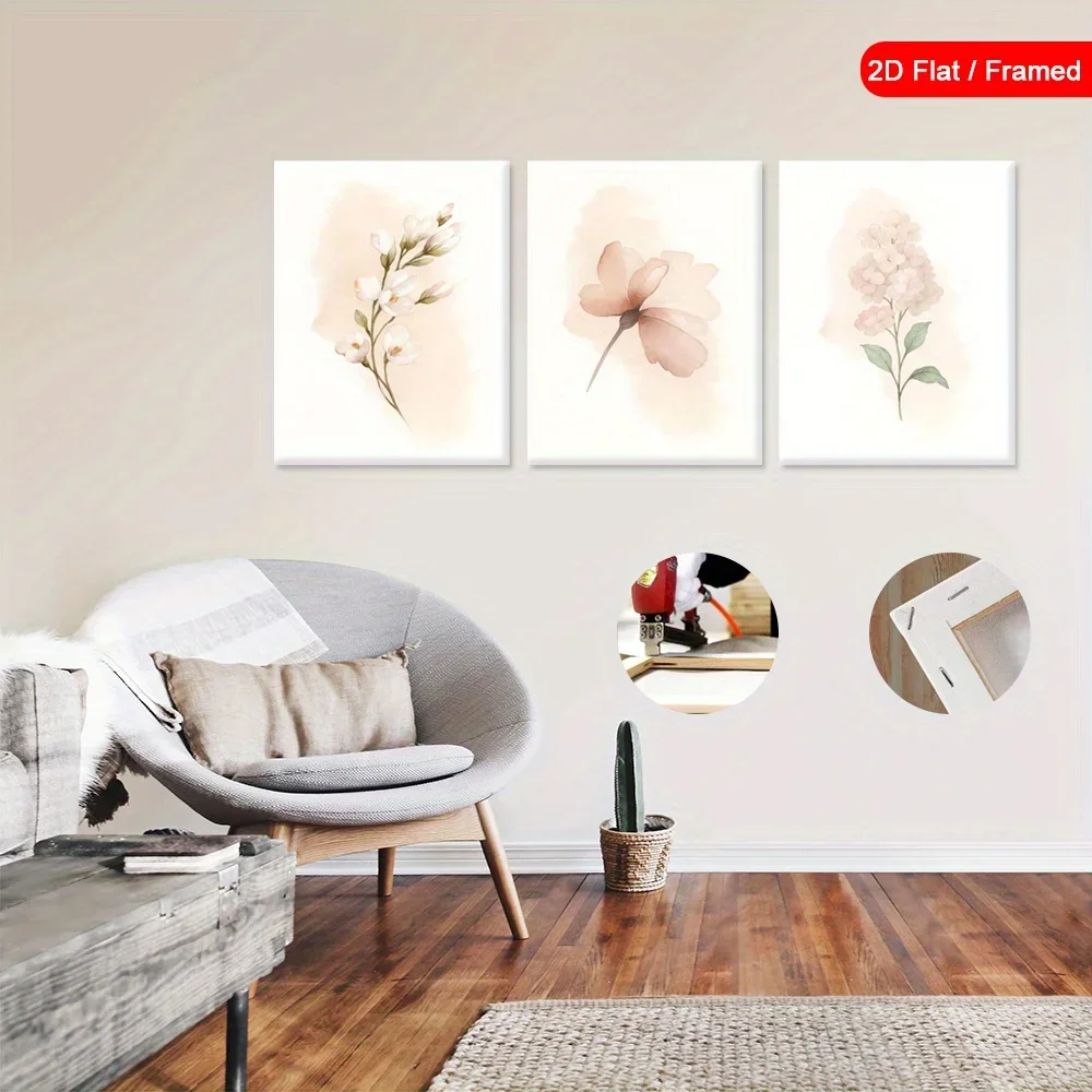 3pcs Floral Illustrations Wall Art with Frame, Botanical Design Canvas Print, Elegant Poster, Nature Inspired Art Prints, Del