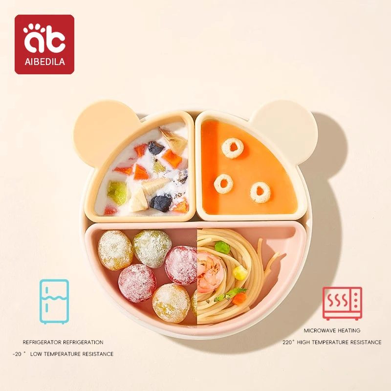 AIBEDILA Piatto Ciotola in Silicone per Bambini Piatto Diviso in 3 Dieta Piatto da Pranzo Rotondo Riutilizzabile Senza BPA Silicone Sicuro per Bambini Sala da Pranzo