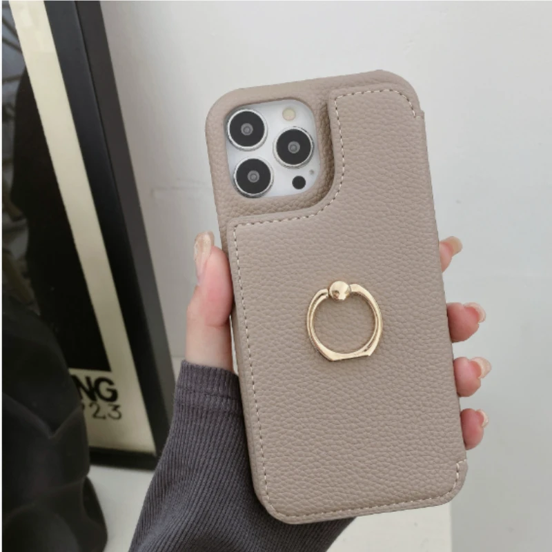 

New Suitable for iPhone 15 Beauty Mirror Phone Case 14 Promax Multifunctional Card 13 Promax Lychee Pattern 12 Protection Cover
