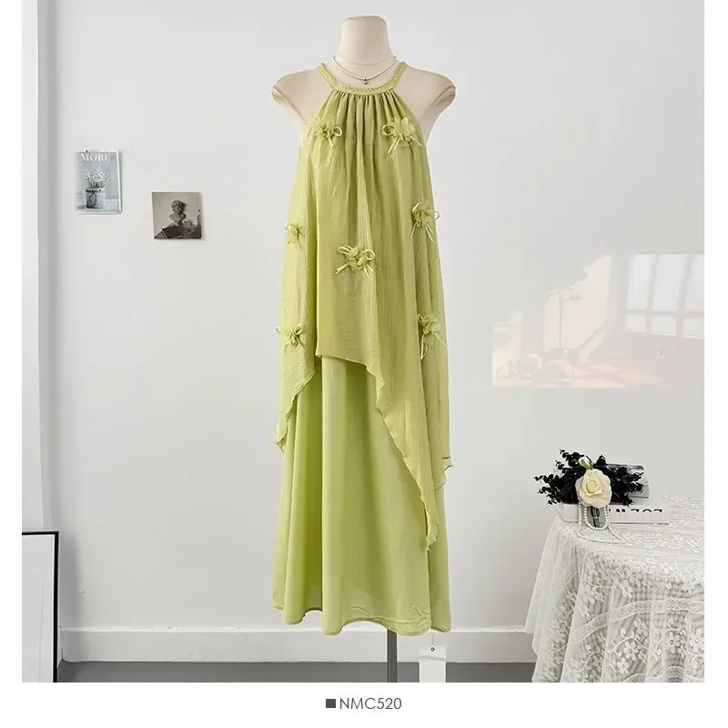 

Elegant Bohemian Floor Length Halter Dress With Asymmetrical Drape And Bow Details For Summer Wear