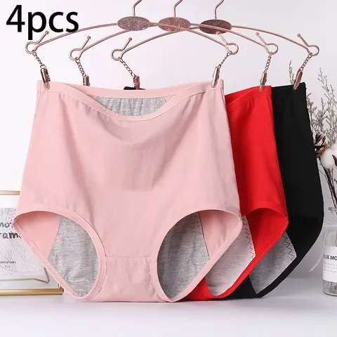 4pcs 소녀 월경 팬티 여성 생리학 팬티 숙녀 기간 누출 방지 팬티 높은 허리 코튼 속옷