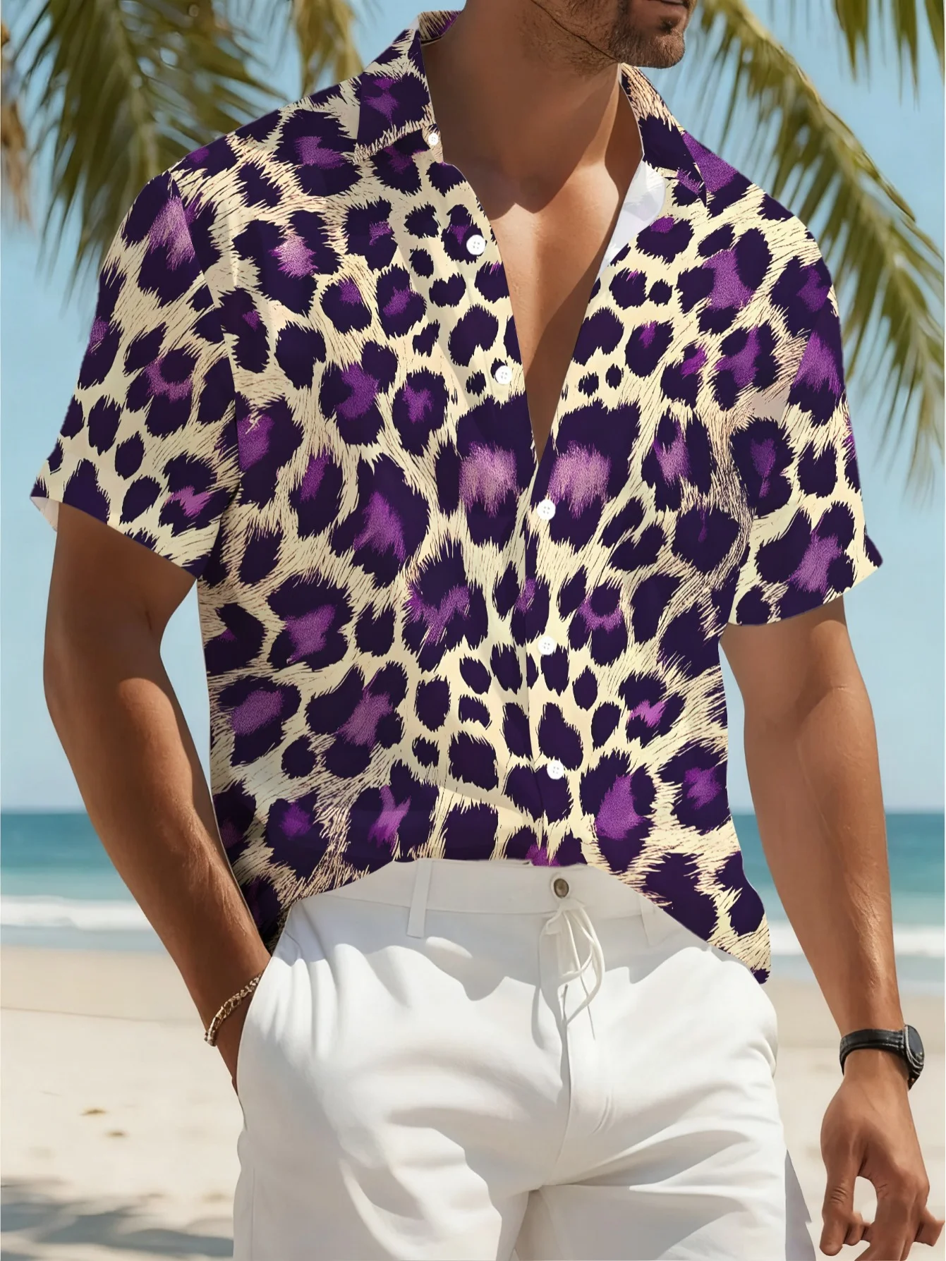 

2026 Summer New Style Men's Short-Sleeved Shirt with 3D Leopard Print Street Casual Fashion Comfortable and Soft
