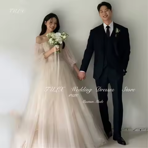 TULX 우아한 연인 퍼프 슬리브 웨딩 원피스, 한국 사진 촬영, A 라인 Tulle 신부 가운, 긴 코르셋, 맞춤 제작 2025