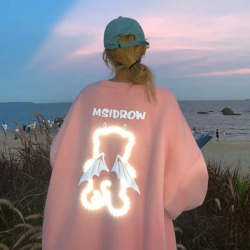 Übergroßer, lockerer, reflektierender Bären-Hoodie für Damen, lässig, bequem, Baumwollmischung, Long Sve, rundes, bedrucktes Sweatshirt