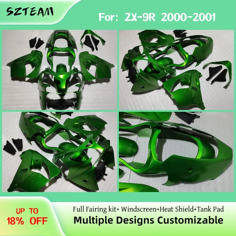 

For Kawasaki ZX9R 2000 2001 Hight Quality Fairings ZX 9R 00 01 Motorcycle ABS Injection Full Green Body Set Fairing Kit