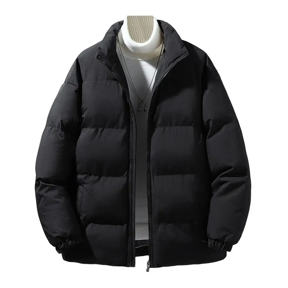 Men Loose Fit Puffer Coat Solid Color Men Jacket Quilted Puffer Jacket with Stand Collar Side Pockets for Men Thickened Loose