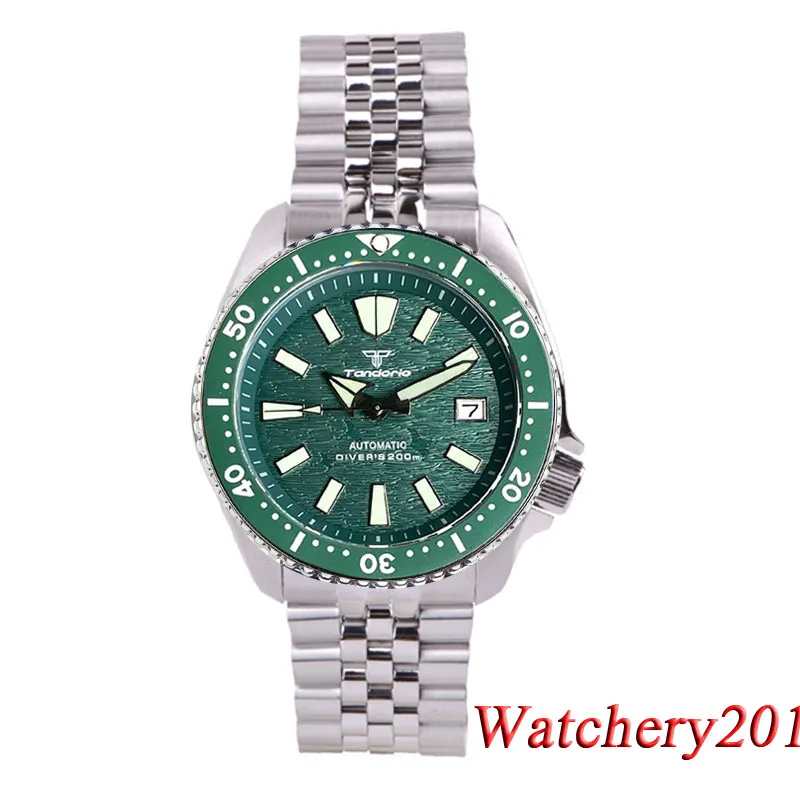 Tandorio Green Dial NH35A Automatic mechanical Dive Watch For Men Date Window Sapphire Crystal Steel Bracelet Rubber