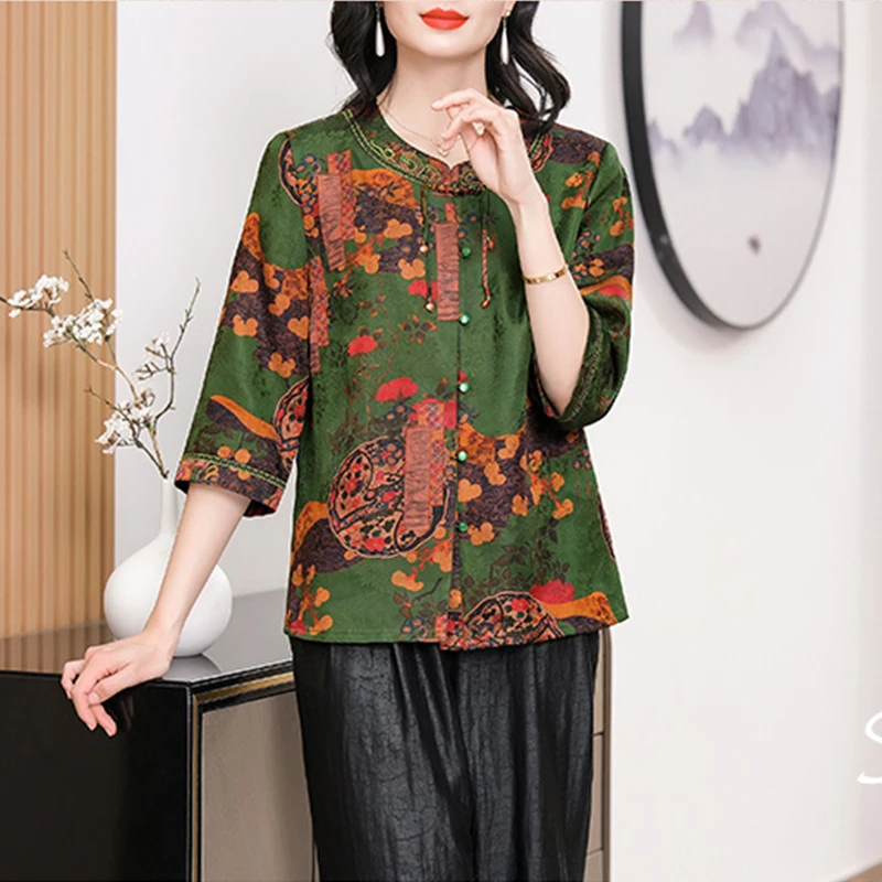 BirdTree 100%Real Silk XiangYunSha Shirt Women,Stand Neck Three-quarter Sleeves,Slim Temperament Blouse,2024 Spring New T42349QD