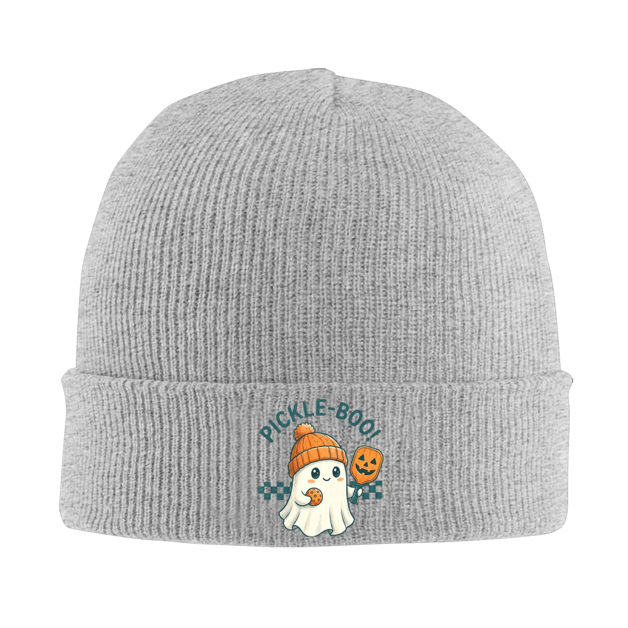 Pickle-Boo Funny Ghost Halloween Pickleball Player Knitted Caps for Women Men Skullies Beanies Winter Hats Acrylic  Crochet Caps