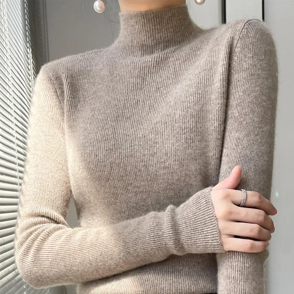 

Viscose Top Women's Ribbed Trim Knit Sweater Slim Fit Half High Collar Top for Daily Wear Regular Fit Women Top