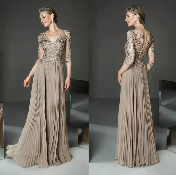 Elegant Moeder Van Bruid Jurken 2022 Kant Applicaties V-hals Lange Bruiloft Gast Jurk Femme Champagne Chiffon Robe De Soire